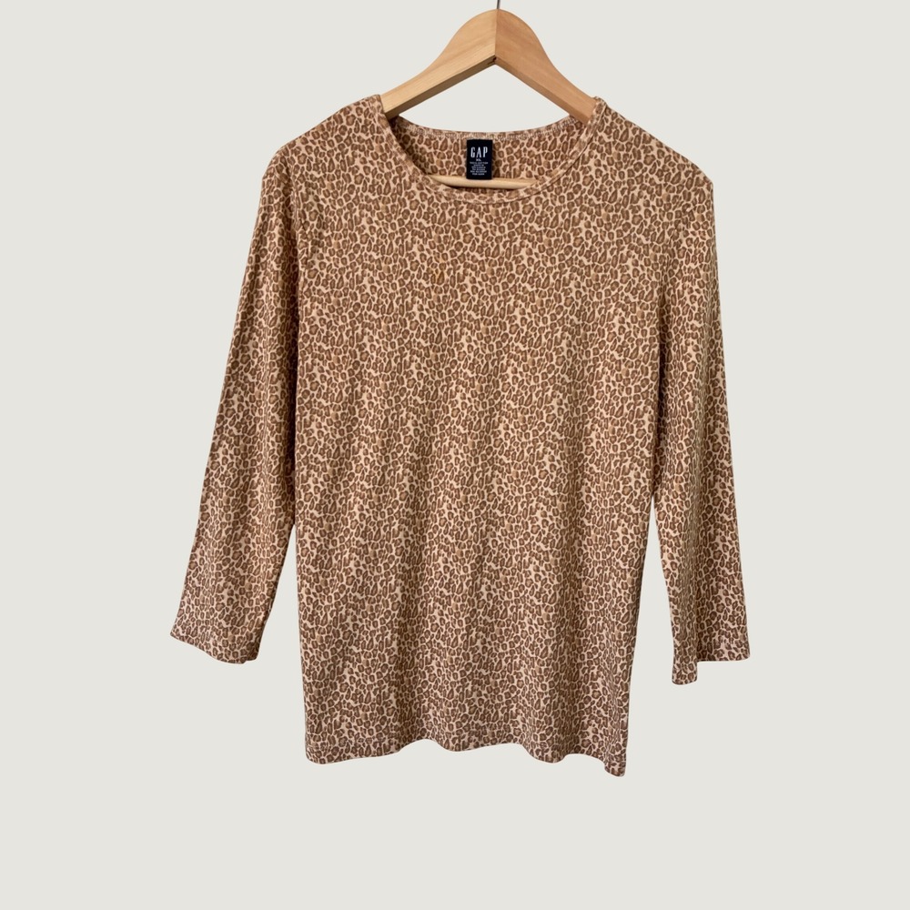 Gap Womens Leopard Print‎ Long Sleeve Crew Neck Cotton Tee Tan Brown Y2K XL